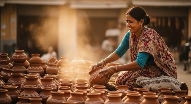 Indian woman pottery artisan selling handmade clay pots at outdoor market art - Powered by Adobe