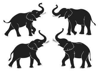 Naklejka premium Four black silhouettes of elephants walking with upward curving trunks on white background