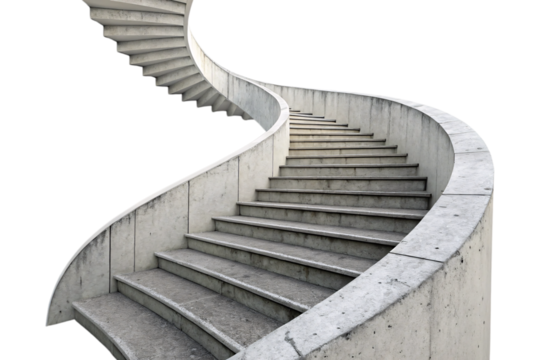 Modern concrete spiral staircase with curved handrail ascending upward in architectural design, isolated on a transparent background