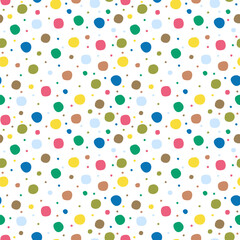 Polka dot seamless pattern, random colorful dots print. Repeating texture with playful spots in modern style on white background for abstract wrapping, wallpaper, textile, fabric design. Vector