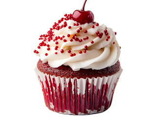 A cupcake with cherry cream and broken red cherries on top, against a white background. This is a product photography image,