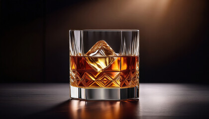 Luxurious whiskey in modern glass with rich amber hue, showcasing single ice cube, evokes sense of sophistication and warmth
