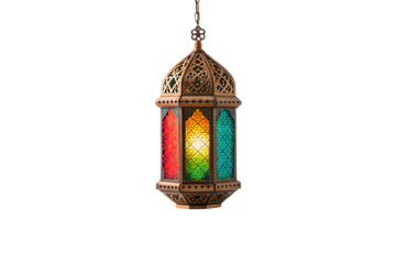 Decorative oriental lantern with bright stained glass windows in traditional Middle Eastern style with ornate metalwork, isolated on a transparent background