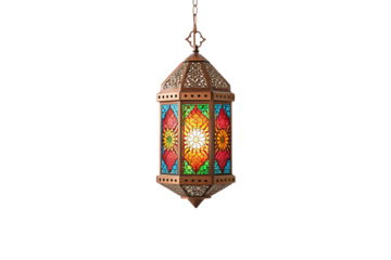 Ornate Moroccan lantern with colorful stained glass panels in geometric patterns and intricate metalwork design, isolated on a transparent background