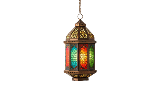 Traditional hanging lantern with vibrant multi-colored glass panels featuring Islamic geometric patterns and bronze metal frame, isolated on a transparent background - Powered by Adobe