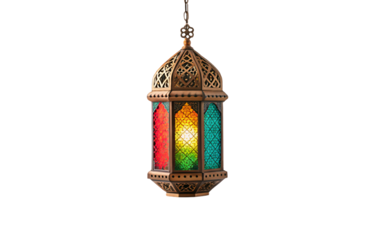 Decorative oriental lantern with bright stained glass windows in traditional Middle Eastern style with ornate metalwork, isolated on a transparent background
