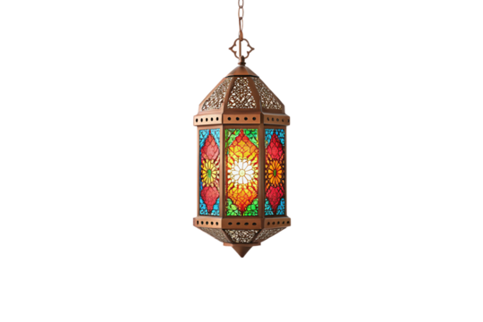 Ornate Moroccan lantern with colorful stained glass panels in geometric patterns and intricate metalwork design, isolated on a transparent background - Powered by Adobe