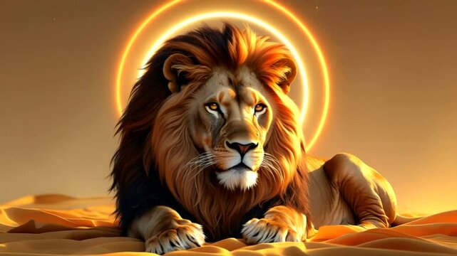 portrait of a lion against a ring-shaped light background