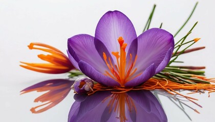 Fototapeta premium Crocus Flower Reflection: Purple and Orange Beauty