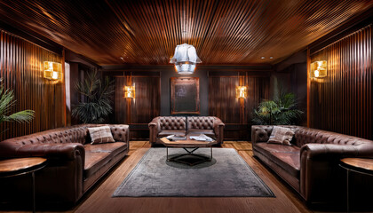 Fototapeta premium Luxurious whiskey lounge featuring dark wood paneling, leather sofas, and soft lighting, creating inviting atmosphere for relaxation