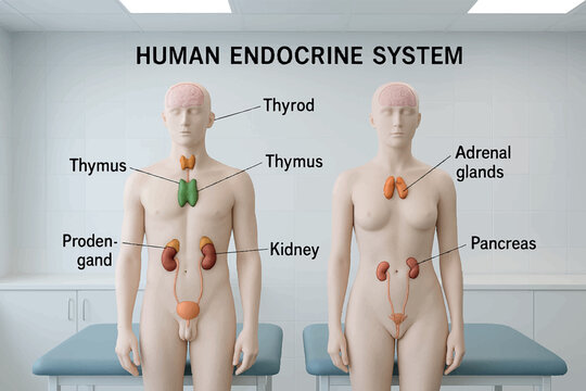 Educational human body endocrine system chart highlighting key organs like the thymus, thyroid, kidneys, and pancreas with labeled regions icon set
