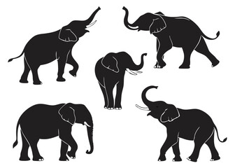 Naklejka premium Silhouetted elephants in various poses on white background vector illustration for design projects