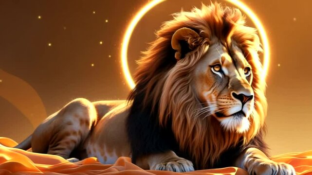 portrait of a lion against a ring-shaped light background