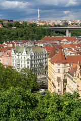 Aerial view of Prague historical center. Mala Strana, Nove Mesto, Zizkov TV tower
