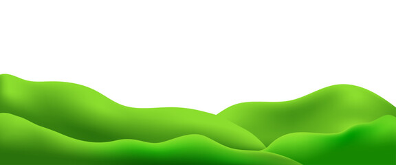 3D  landscape with green hills, mountains, and a textured grass field creates a playful eco friendly park scene.Childish vector illustration.