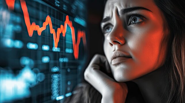 Woman looking at a distressed stock market graph