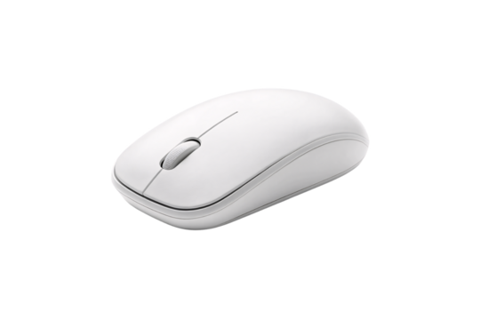 Modern white wireless computer mouse with scroll wheel and ergonomic design for office use, isolated on a transparent background