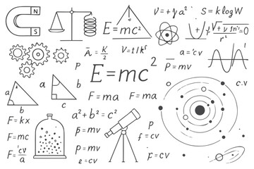 chalkboard filled with scientific formulas, equations, and diagrams of physics, chemistry, and engineering concepts, science research icon set