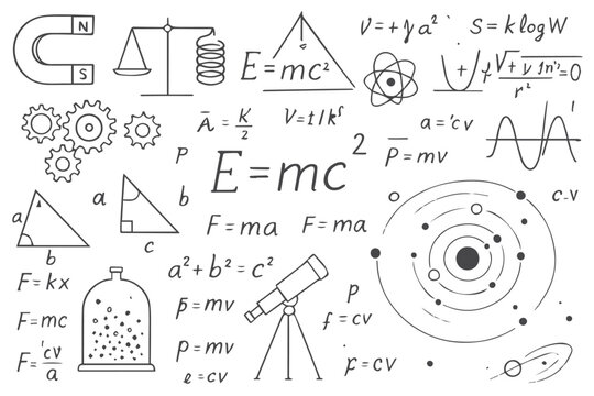 chalkboard filled with scientific formulas, equations, and diagrams of physics, chemistry, and engineering concepts, science research icon set