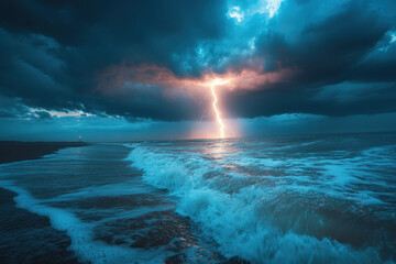 Lightning strikes over the ocean amidst clouds.