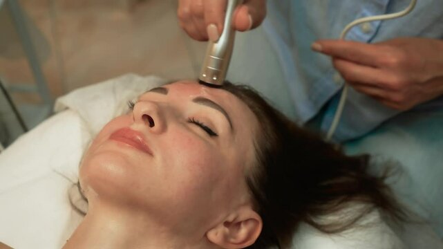 Woman having professional facial therapy session in premium wellness clinic. Electrostimulation Skin Rejuvenation, High-Frequency Facial Therapy. Skin refinement, facial lifting, age-reducing therapy