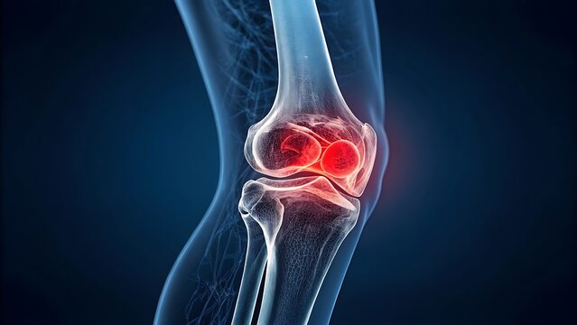 Human knee joint anatomy with pain indication