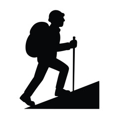Hiker Silhouette Vector Man Climbing Mountain with Backpack and Trekking Pole

