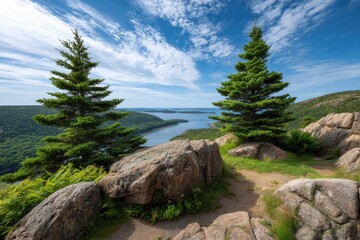 Two evergreen trees frame a scenic overlook with islands and a blue sky with clouds Rocks and greenery dot the foreground