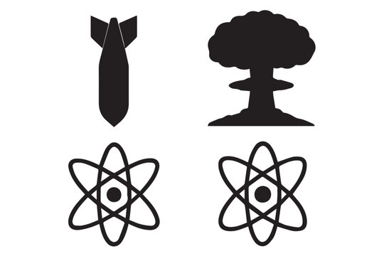set of destruction and nuclear symbols, featuring bomb, explosion, and atomic models, minimalist icons depicting danger and nuclear power icon set