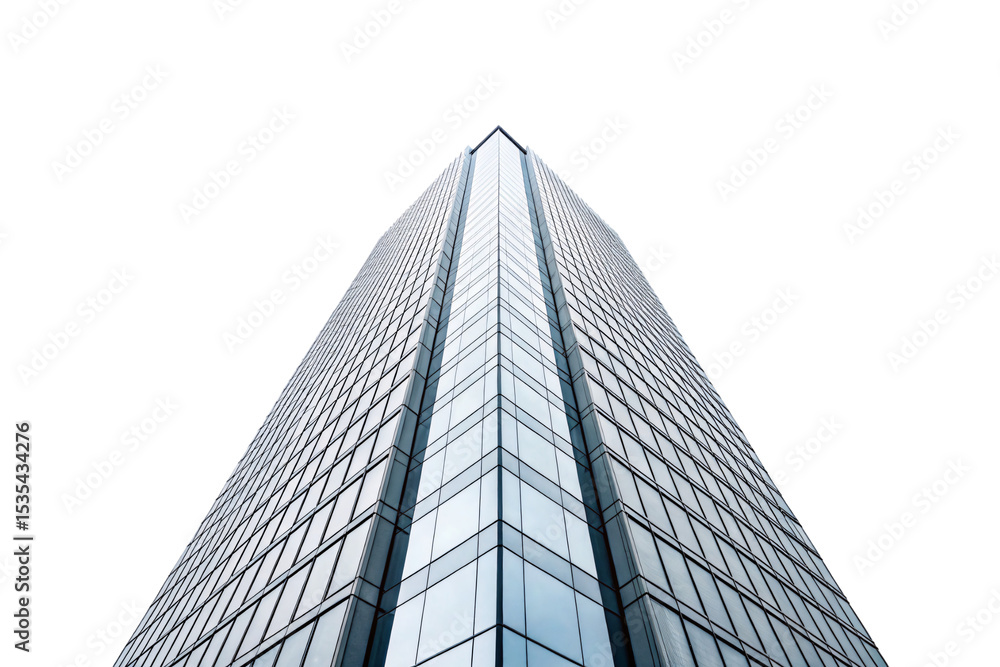 Poster tall contemporary office building with glass facade and angular architecture captured from ground le