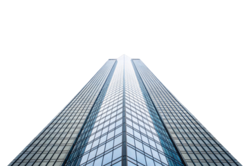 Modern glass skyscraper photographed from below showing geometric patterns and reflective windows against clear sky, isolated on a transparent background
