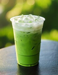 Ice green matcha Latte Tea in Plastic glass on Blur natural Background
