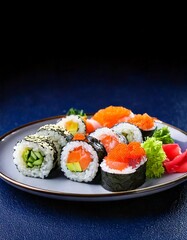 Sushi maki beautifully arranged on plate, featuring fresh ingredients and vibrant colors, on