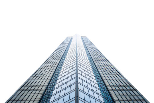 Modern glass skyscraper photographed from below showing geometric patterns and reflective windows against clear sky, isolated on a transparent background - Powered by Adobe