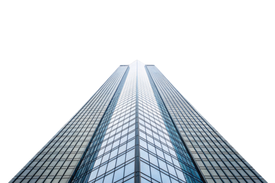 Modern glass skyscraper photographed from below showing geometric patterns and reflective windows against clear sky, isolated on a transparent background