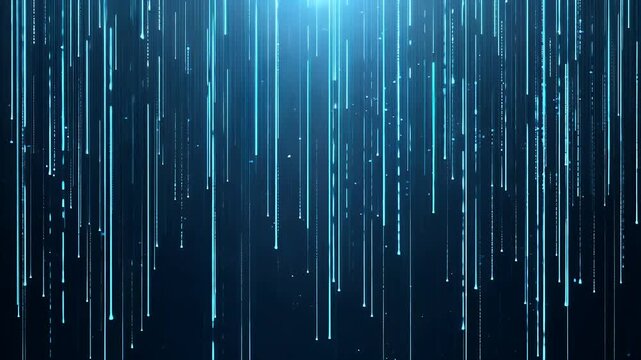 Royal blue digital rain streams downward twinkling byte like dots climbing inverse paths vertically oriented K matrix forms sleek backdrop fintech apps coder streams tech conference LED walls