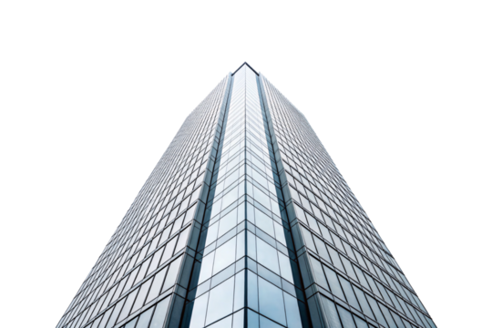 Tall contemporary office building with glass facade and angular architecture captured from ground level perspective, isolated on a transparent background