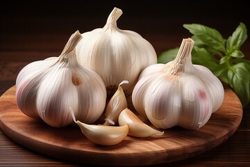 Garlic is placed on a circular wooden tray.