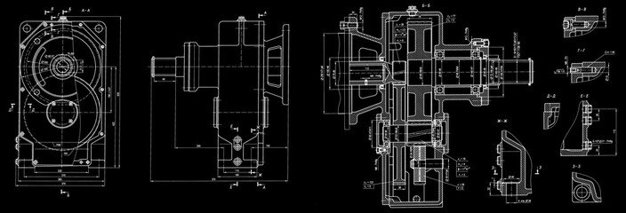 Engineering mechanical drawing of steel devices
- worm gear (reducer, gearbox, engine)
with dimension lines. Industrial 
cad scheme on paper sheet. Technology background
of machine building industry.