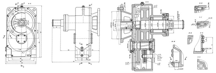 Engineering mechanical drawing of steel devices
- worm gear (reducer, gearbox, engine)
with dimension lines. Industrial 
cad scheme on paper sheet. Technology background
of machine building industry.