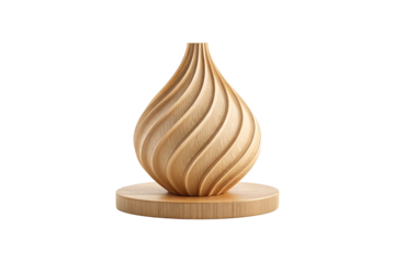 Sculptural wooden teardrop with flowing twisted ridges on circular base artistic home decor, isolated on a transparent background