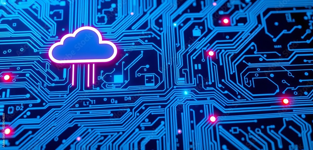 Poster futuristic blue circuit board with cloud computing icons and data streams, cloud computing, technolo