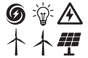 Set of bold energy symbols, including wind turbine, solar panel, lightning, and flame, illustrating modern power sources and energy generation, icon set