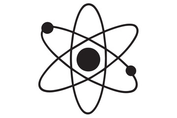 Geometric atomic structure symbol with electrons orbiting the nucleus, symbolizing energy, physics, and science, sleek black design, icon set