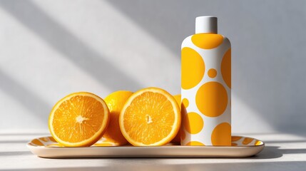 Orange slices and a patterned bottle on a tray.
