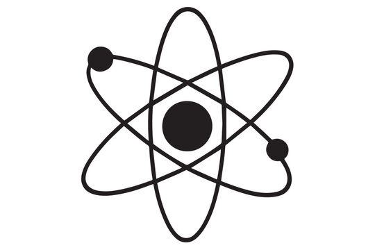 Geometric atomic structure symbol with electrons orbiting the nucleus, symbolizing energy, physics, and science, sleek black design, icon set