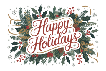 Happy holidays - greeting card with hand-lettering text in calligraphic style - horizontal png for greeting card, banner, advertising, poster, invitation typography celebration ornament with flowers