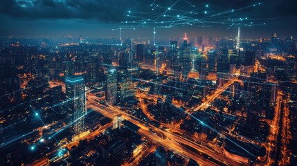 Fototapeta premium Futuristic Cityscape with Technological Network Connections at Nighttime Overlooking Urban Skyline