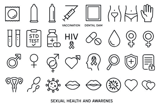 Set of sexual health and awareness icons, including protection, vaccination, testing, and gender symbols, representing safe practices and health, icon set