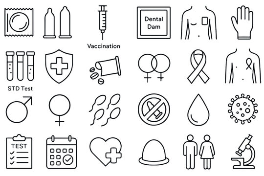 Comprehensive collection of sexual health icons, featuring condoms, HIV awareness, vaccination, STD testing, and gender symbols, promoting awareness and safety, icon set - Powered by Adobe